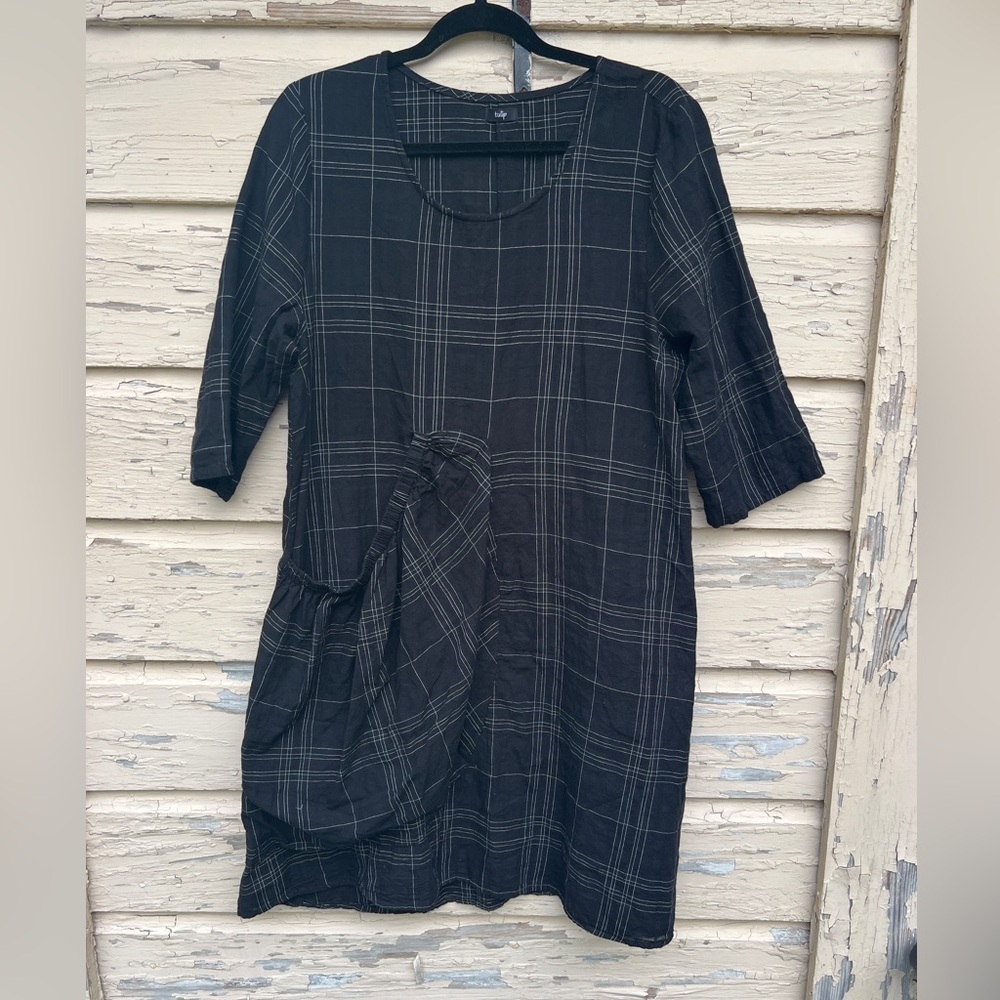 Tulip Clothing Cotton Grid Window Pane Lagenlook Summer Trapeze Mini Dress M